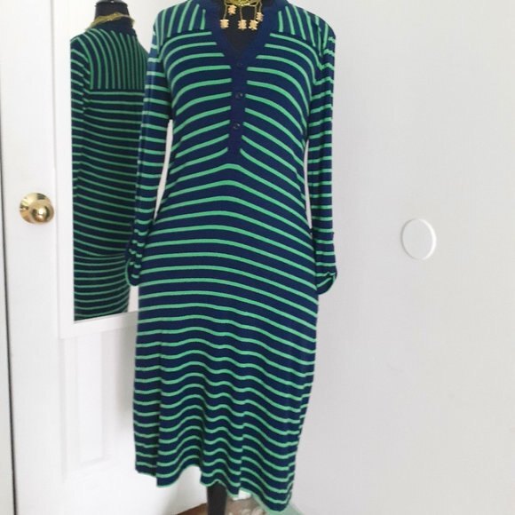 Y2K Tommy Hilfiger Green Navy Striped V-Neck Fitted Midi Sweater Dress S/P - Picture 3 of 11